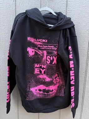 Black Hoodie with Neon Pink Graphic Print XXL